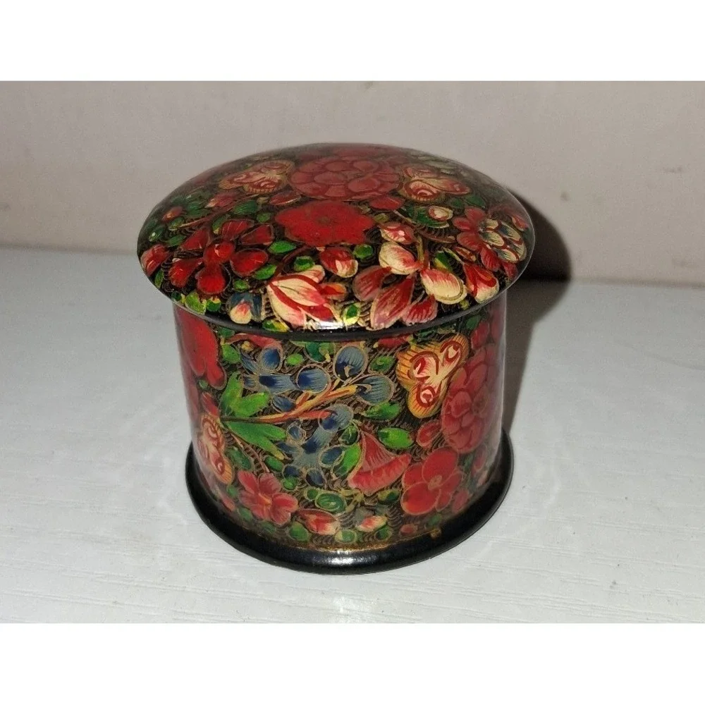 Handmade Kashmir India Wooden Trinket Box Painted Floral 2